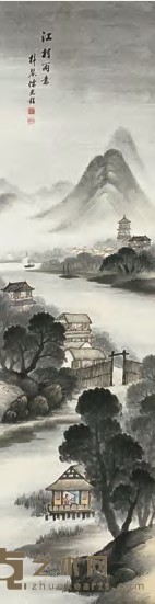 陈梓琴 江村雨意 立轴 170×44cm