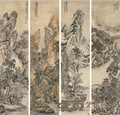 姜筠 丙午（1906年）作 山水 四屏 181×46cm×4