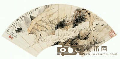 张大千 丁卯（1927年）作 山水扇面 镜心 51×18cm
