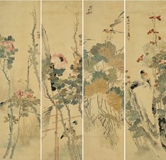 胡术 花鸟 四屏