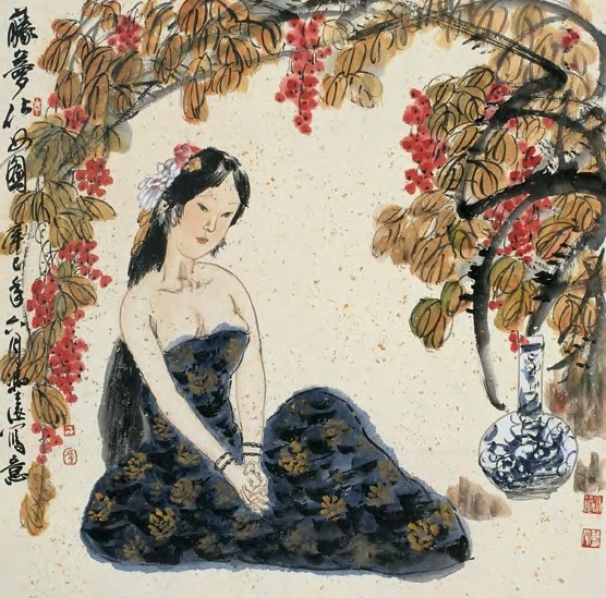 冯远 藤萝仕女图 立轴65×66cm