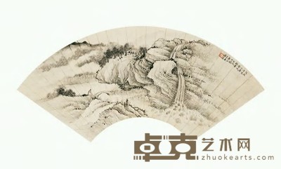 楼辛壶 1940年作 拄杖观瀑 扇面 18×50cm