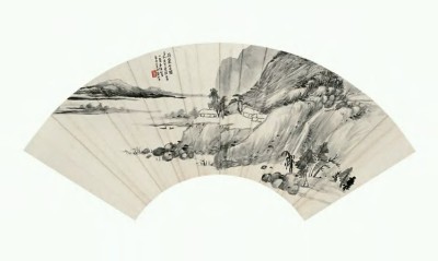 萧俊贤 1921年作 雨窗写诗 扇面