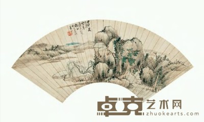 倪田 1884年作 平江柳影 扇面 16.5×49cm