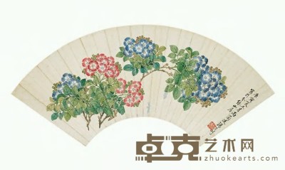 汤世澍 1890年作 花卉 扇面 17×50cm