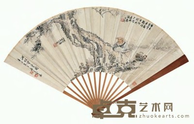 钱松嵒 房来宾 1931年作 渊明赏菊图 成扇 19.5×52cm