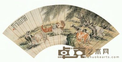 殷梓湘 1935年作 柳荫八骏 扇面 17×50.5cm