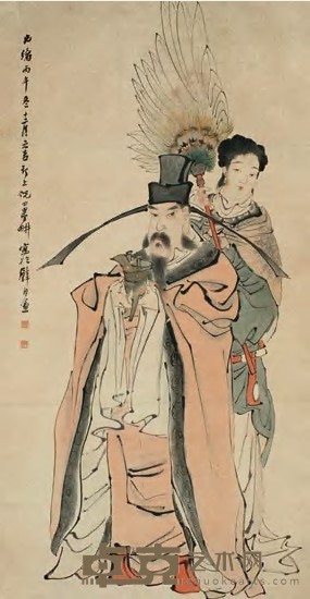 倪田 1906年作 天官赐福图 立轴 147×76.5cm