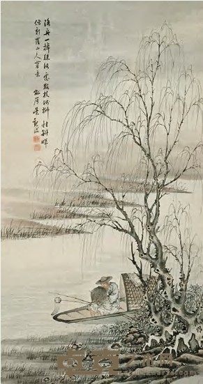 吴观岱 渔舟残柳映斜晖图 立轴 169.5×90cm
