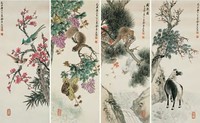 金梦石 1949年作 花卉动物 四屏