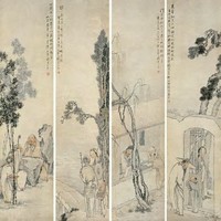 钱慧安 1882年作 山水人物 四屏