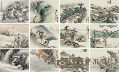 袁樊 仿古山水 三挖四屏 25.5×31.5cm×12