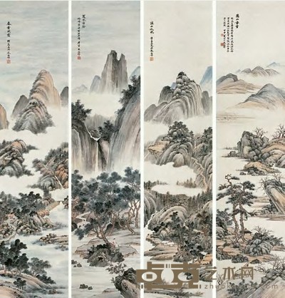 朱梅邨 1944年作 四季山水 四屏 193×45cm×4