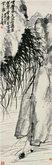 吴昌硕 1913年作 峭壁花香图 立轴150×47cm