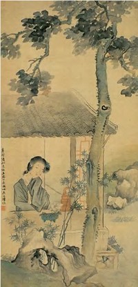 陆恢 1891年作 桐荫仕女图 立轴