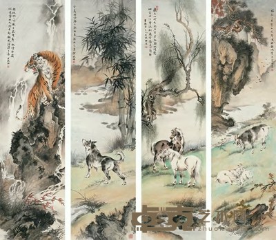 戈晓湘 动物 四屏 173×46cm×4