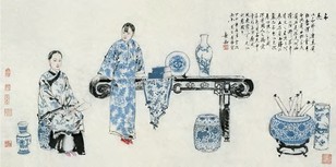 萧和 2004年作 青花 镜心