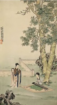 陈缘督 1927年作 桐阴抚琴图 立轴