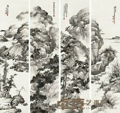 萧俊贤 1942年作 山水 四屏 133×34cm×4