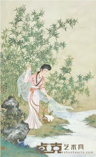 陆鸿年 竹溪浣纱图 立轴 97×60cm