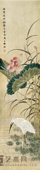 马家桐 荷花鹭鸶图 立轴 131.5×32cm