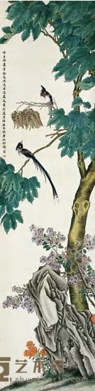 马家桐 梧桐双雀图 立轴 214×53cm