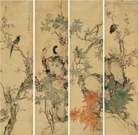 松年 花鸟 四屏