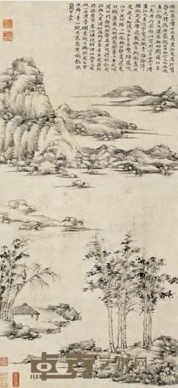 倪云林 1372年作 江亭山色 立轴 94×44cm