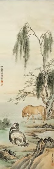 郭传璋 马晋 柳荫双骏 立轴