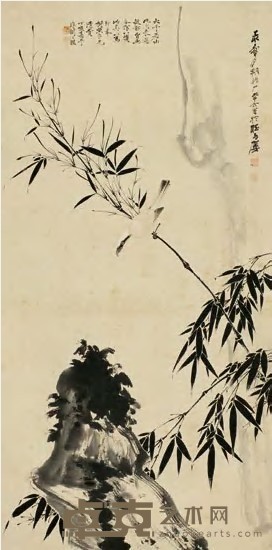 张大千 于非厂 1947年作 竹石翠鸟 镜心 90×44cm