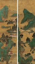 无款 青绿山水 对屏