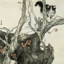 朱春茂 秋叶猫戏图 镜心