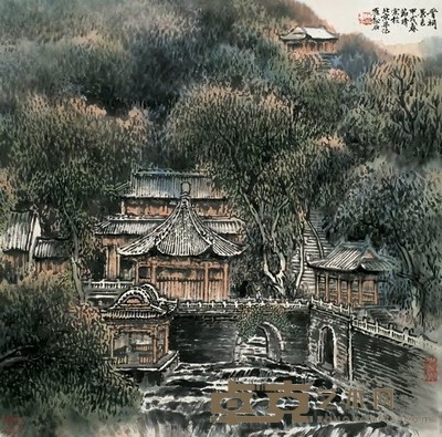 崔松石 晋祠景色 立轴 68×68cm