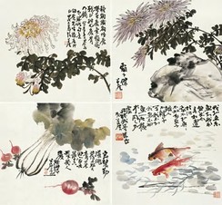 谢公展 1934年作 花鸟杂画（一套四件） 屏条