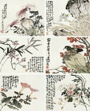 谢公展 1929年作 花卉三挖（一套六件） 屏条