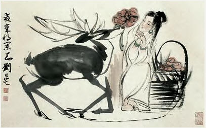 刘旦宅 少女与鹿 立轴42×67cm