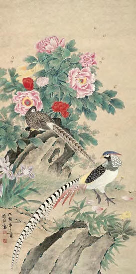 喻继高 1998年作 花鸟 镜心129×64cm