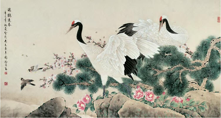 喻继高 2001年作 瑞鹤迎春 镜心90.5×168cm