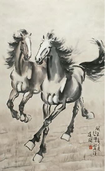 徐悲鸿 双马图 立轴98×66cm