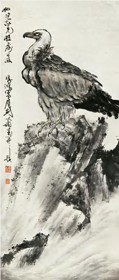 徐悲鸿 高剑父 鹰石图 立轴116×48cm