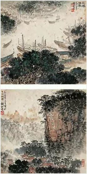 钱松喦 花港渔歌 镜心36×35cm×2