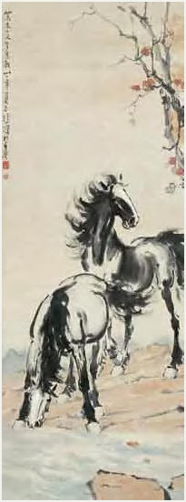 徐悲鸿 秋江饮马 立轴92×49cm