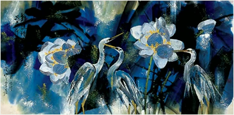 黄永玉 荷花鹭鸶 镜心68×136cm