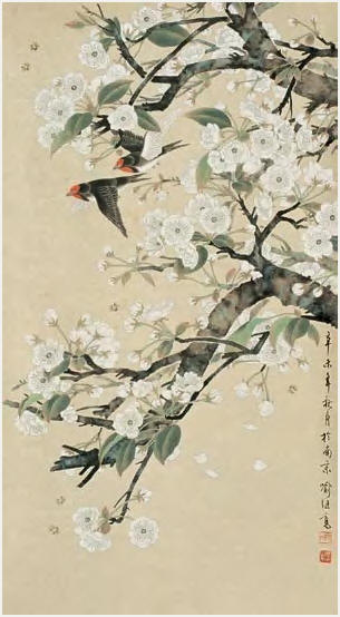 喻继高 斑鸠梨花 镜心97×53cm