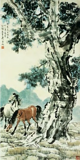 徐悲鸿 1939年作 双骏 裱轴