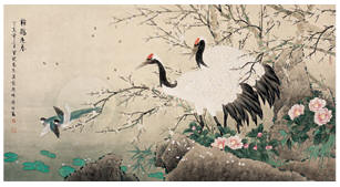 喻继高 2007年作 梅鹤迎春 镜心92.5×173.5cm