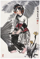 王明明 1978年作 蕉荫少女 立轴66×44.5cm