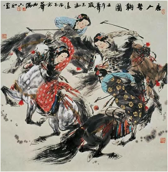 冯远 壬午（2002）年作 唐人击鞠图 镜心71×68cm