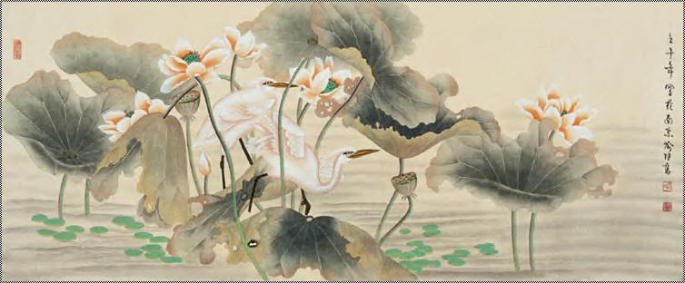 喻继高 荷花双鹭 镜心53×130cm