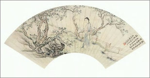 沈铨 执扇观蝶 扇面